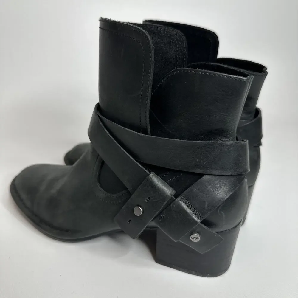 Ugg Elysian Leather Black Ankle Heel Boots Booties Size US 6.5 Womens EUC